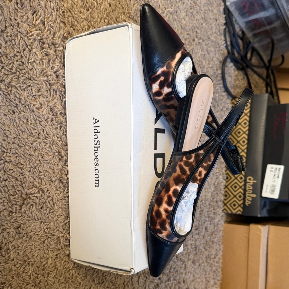 Aldo black and leopard print sling back flats.  Size 7